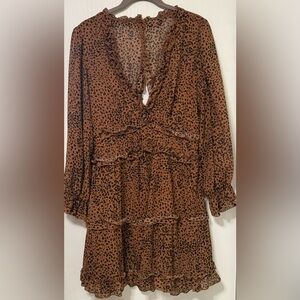 Leopard Print Ruffle Mini Dress Open Back Long Sleeve | Women’s Size M